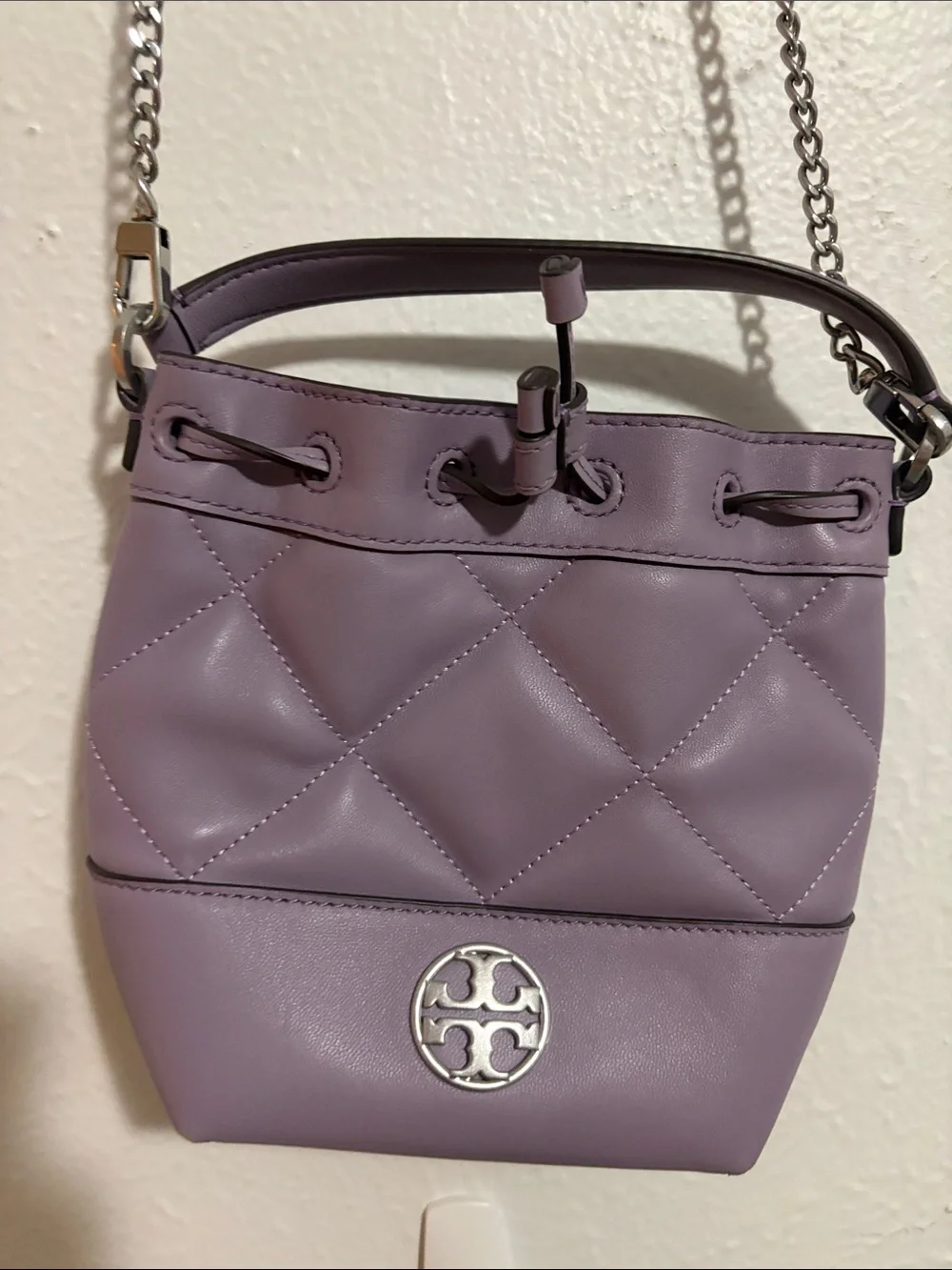 Tory Burch Lavender Quilted Leather Drawstring Mini Bucket Bag